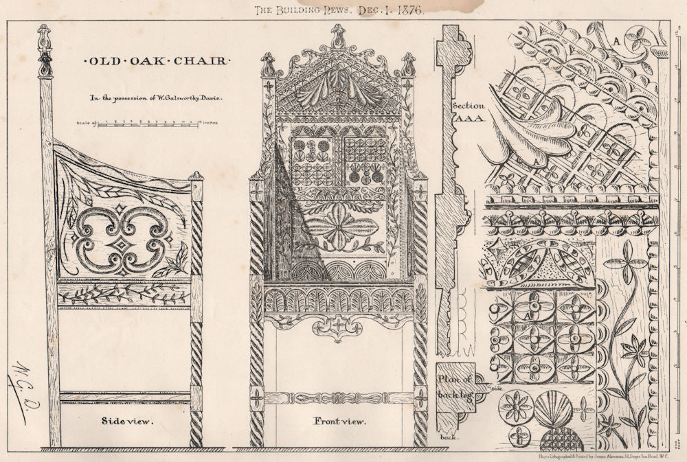 Old oak chair. Design 1876 antique vintage print picture